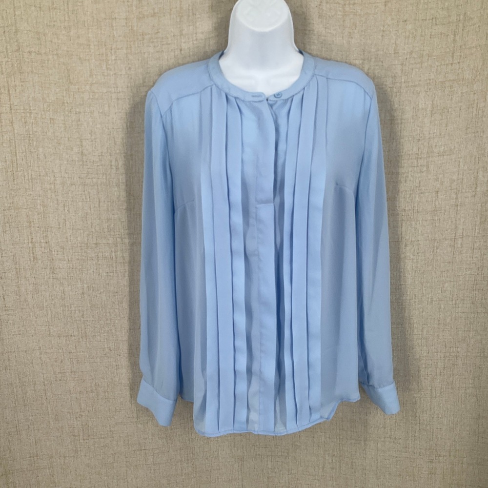 Elie Tahari Blouse Women M Blue Pleated Front Band‎ Collar Classic Office